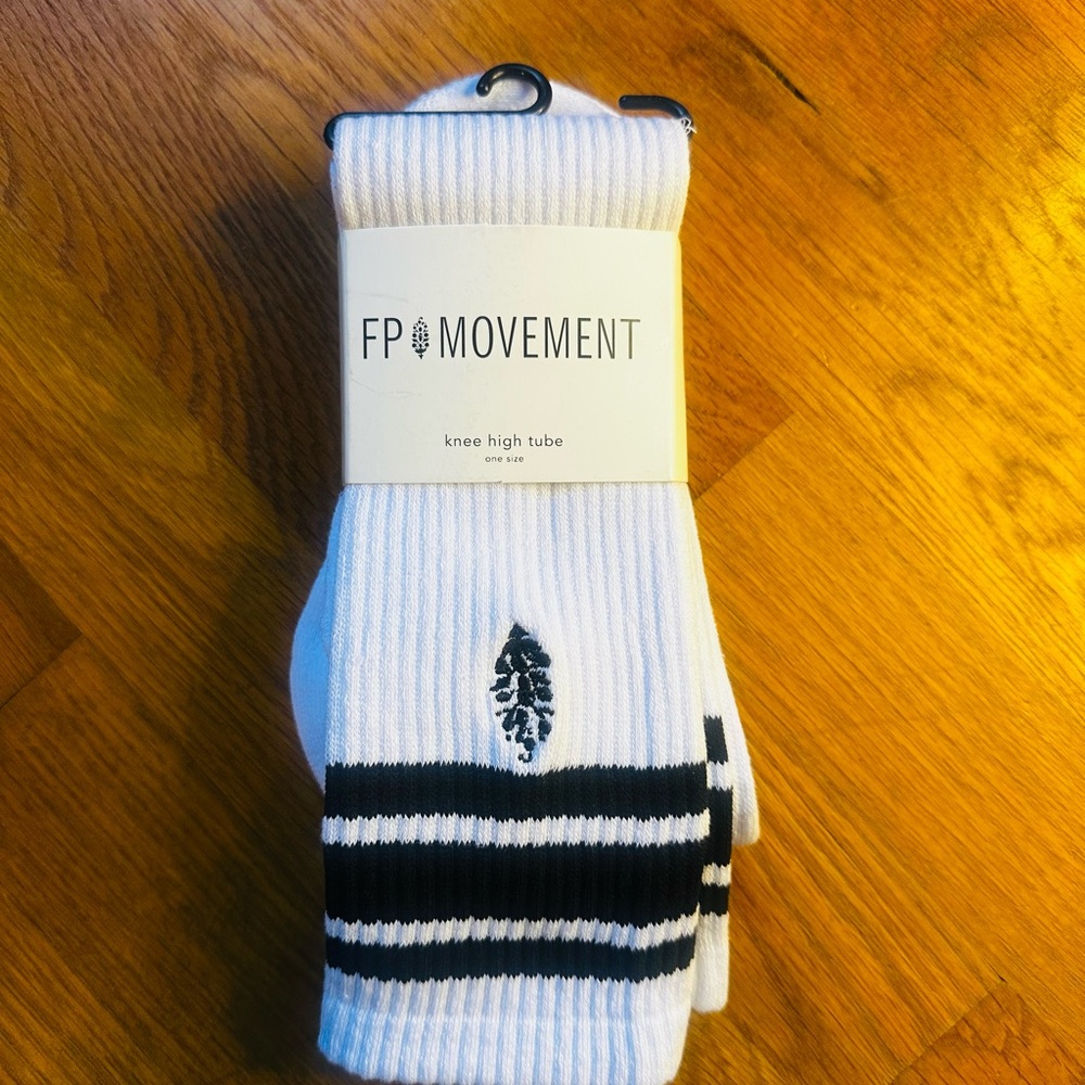 FP Movement by Free People White Knee High Tube Socks with Black Stripe